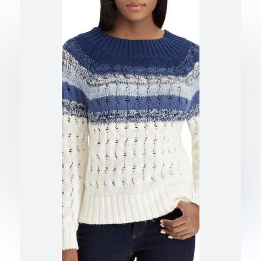 CHAPS Chunky Cable Knit Sweater BlueCream Multi Color Size S New With Tag